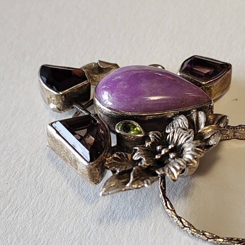 Vintage Sterling 925 Pendant Semi-precious Stones Floral Silver Work With 24... - Picture 7 of 16